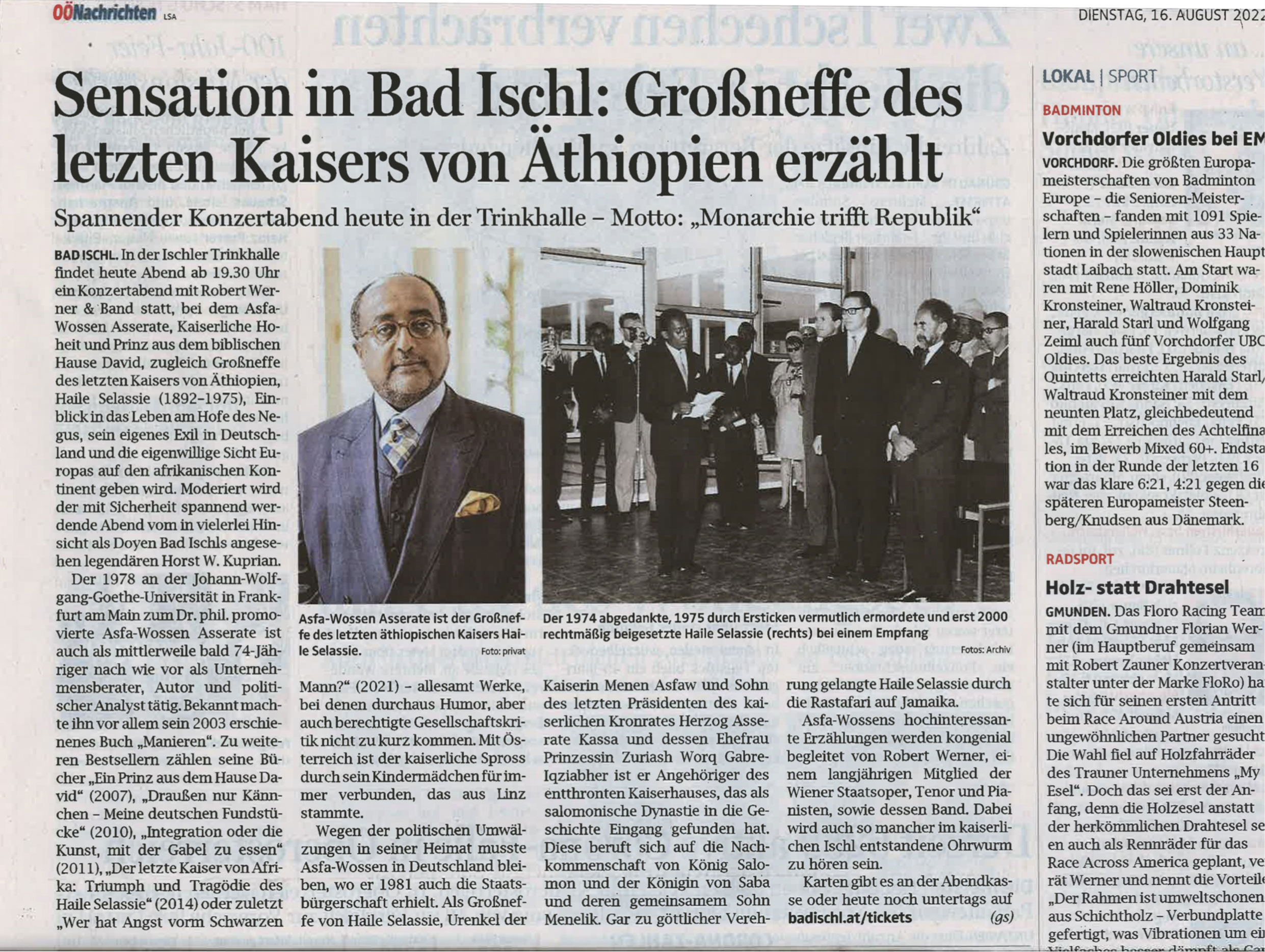Pressebericht Robert Werner spielt anlässlich des Besuchs von Prinz Asserate ein Konzert in Bad Ischl