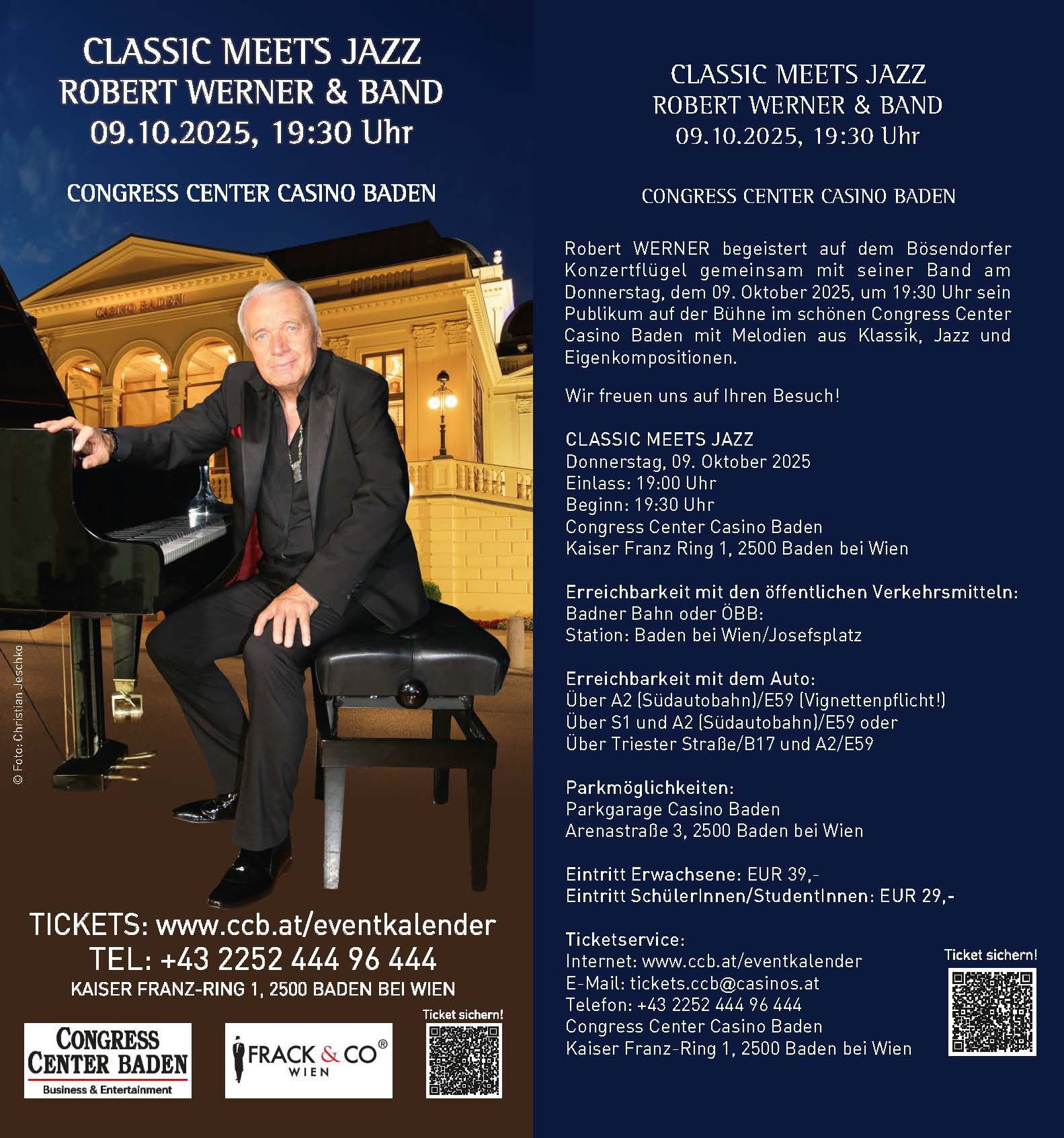 Konzertflyer Classic meets Jazz mit Robert Werner und Band 9.10.2025 im Congress Center Casino Baden beide Seiten_Seite_1